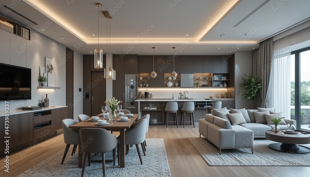 Fototapeta premium Modern home interior design. Living room with dinner table, kitchen furniture, chairs and decorations.
