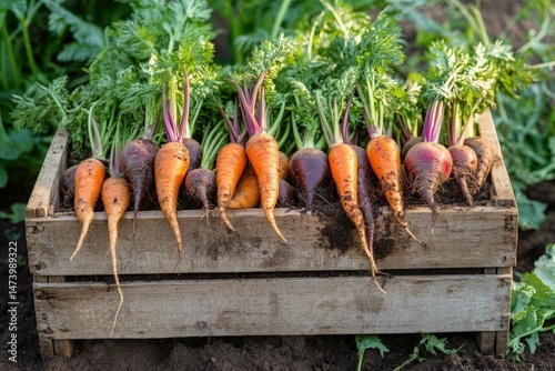 Obraz na płótnie Weathered wooden crate overflow with freshly harvested organic carrots and deep red beets still covered with rich soil clinging to roots. Rustic farm textures. Autumn harvest season in organic garden. w salonie
