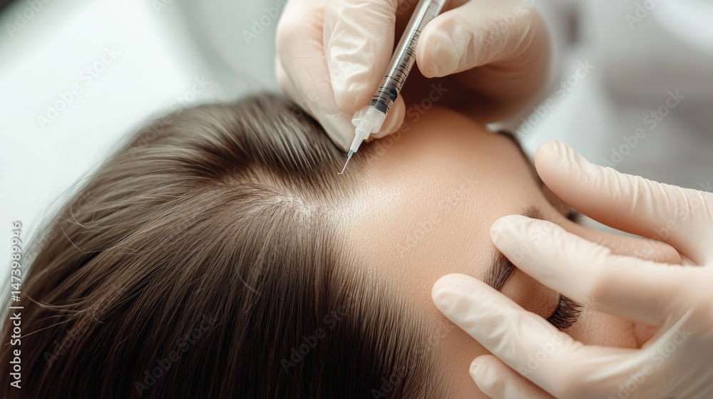 An expert conducts a detailed cosmetic procedure for hair regrowth, using medical precision and modern technology to stimulate follicle recovery and scalp care inside a clinical treatment room.