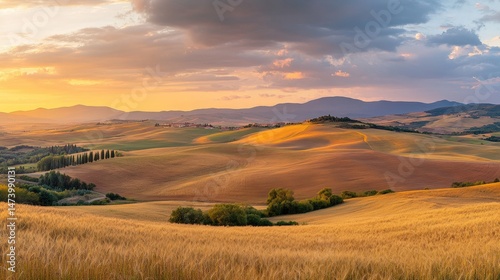 Golden wheat fields stretch under a vibrant sunrise with distant rolling hills creating a peaceful agricultural scene, reflecting the quiet rhythm of rural life in the early hours of a summer morning