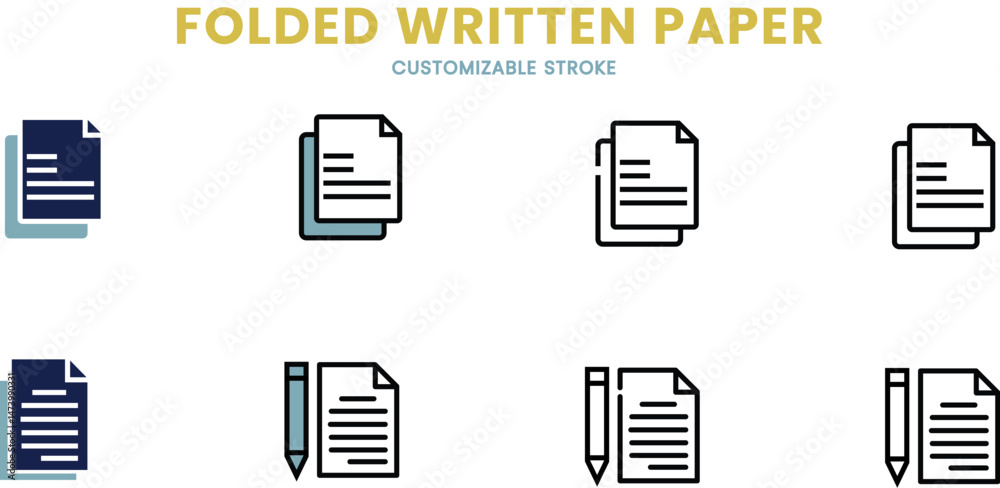 folded written paper icon set, document, customizable stroke, vector, illustration folded written paper icon set, document, customizable stroke, vector, illustration