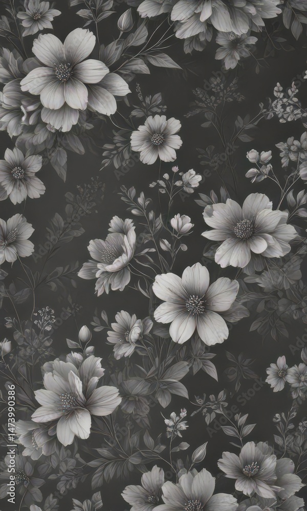 Fototapeta premium Subtle charcoal floral wallpaper, delicate small blooms on seamless pattern , surface, style, floral