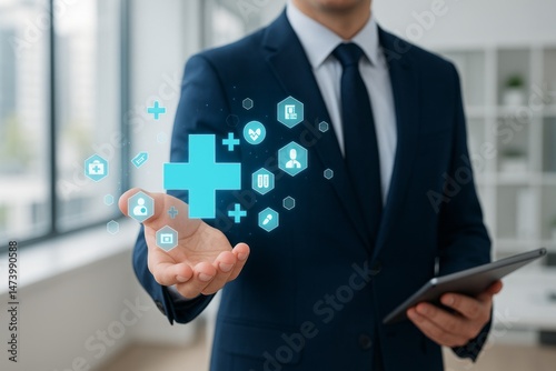 Modern Healthcare Technology Digital Medical Innovation Businessman Holding Futuristic Cross Interface Blue Medical Icons Digital Health Technology Solution Medical App Development Healthcare         