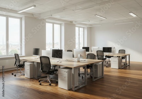 Fototapeta Naklejka Na Ścianę i Meble -  Bright open office space with desks computers and chairs ready for employees
