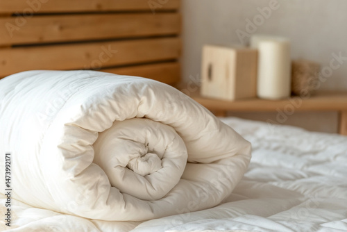 Fluffy duvet set in cozy rustic bedroom with wooden accents and soft ambiance