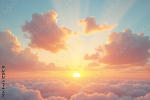 Fototapeta Naklejka Na Ścianę i Meble -  Serene sunset scene with soft puffy clouds illuminated by golden light, creating a peaceful and ethereal atmosphere above a sea of fluffy clouds
