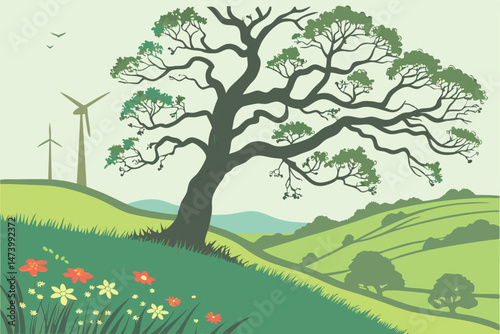 117 old growth tree, lush green meadow, wildflowers, wind turbine, rolling hills, idyllic landscape, natural harmony, renewable energy, environmental sustainability