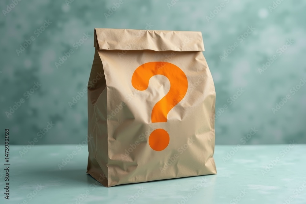 Crumpled Paper Bag with Bold Orange Question Mark