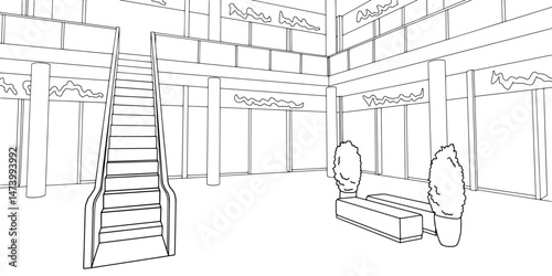 Shopping mall graphic black white interior sketch illustration vector 