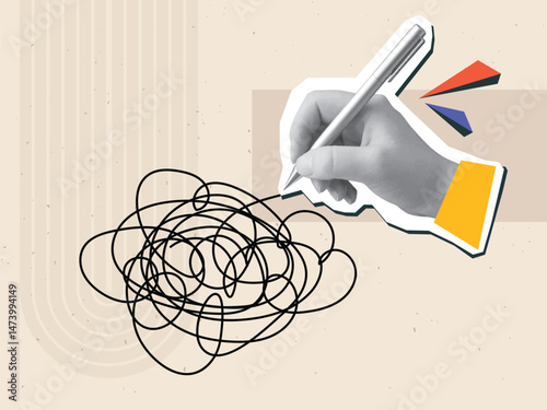Hand draws a scribble. Modern photo collage style. Vector illustration