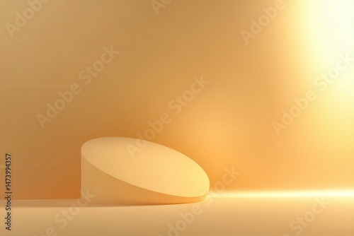 Beige, minimalist, geometric display podium.  Soft, warm lighting, empty space for product display