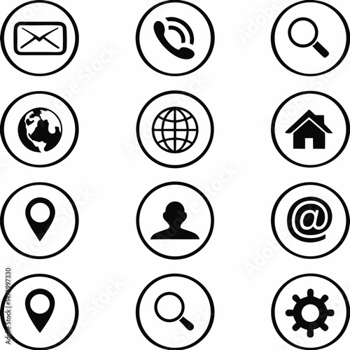 "Essential UI Icon Set – Envelope, Phone, Email, Map Marker, Globe, Info, Home, Profile, Search, and Settings Gear"