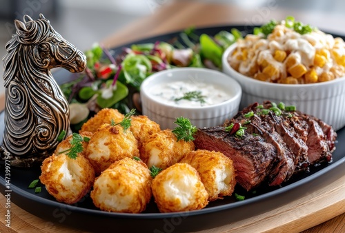 Delicious gourmet platter featuring juicy steak, creamy sauce, crispy potato bites, fresh salad, and corn topped with savory herbs and vibrant colors.