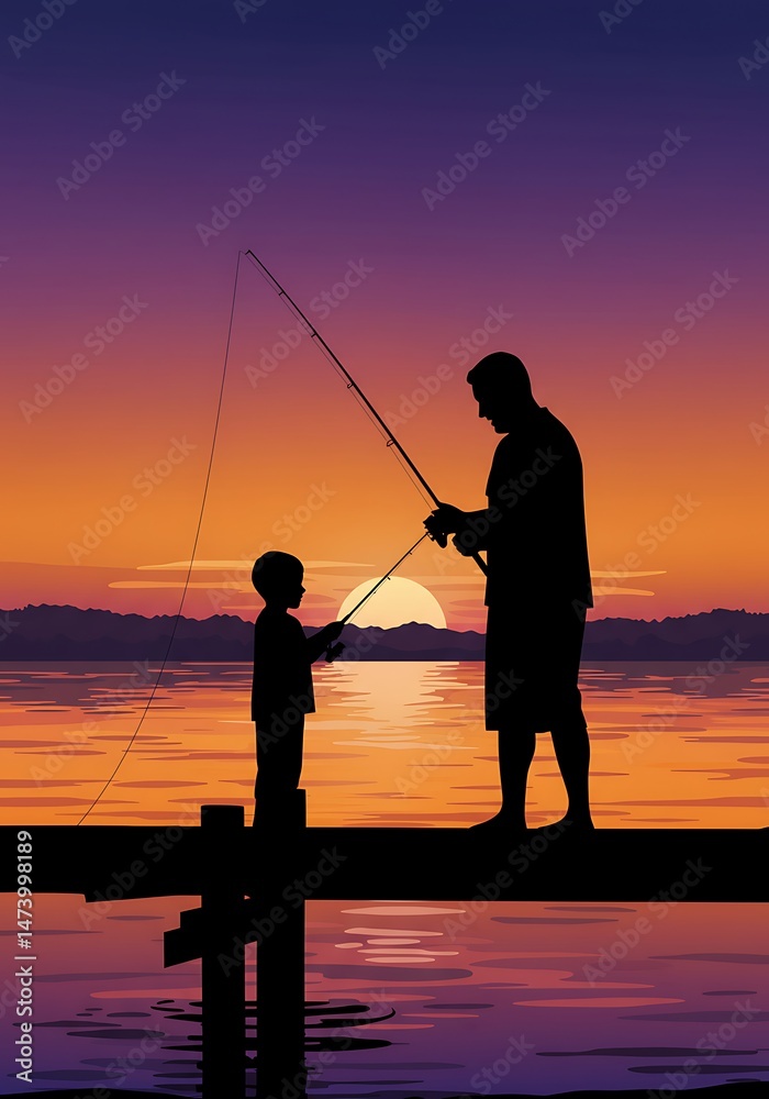 Fototapeta premium Sunset Silhouettes: A Father's Lesson AI Generated