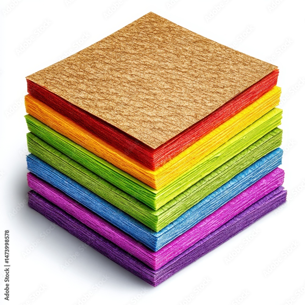 Fototapeta premium Stack of Gold Red Yellow Green Blue and Purple Craft Foam Sheets Glittering on White