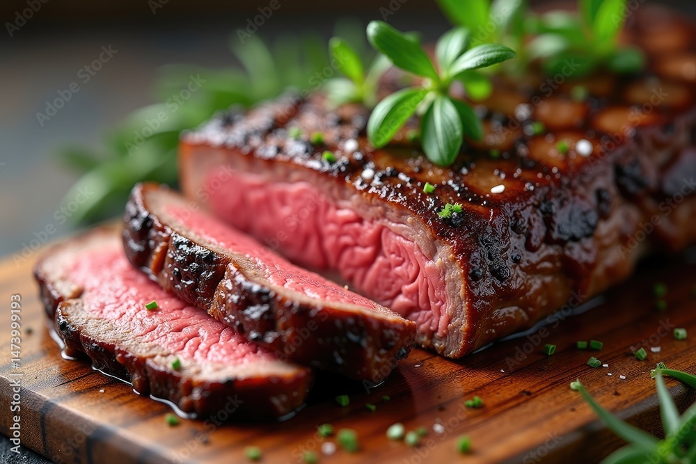 Medium-Rare Grilled Steak with Fresh Herbs on Rustic Board