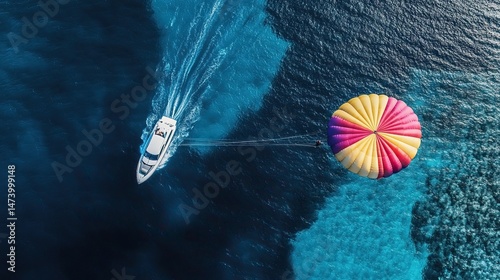 Top view of colorful parasail pulled by speedboat over clear tropical ocean water with visible reef and sun reflections