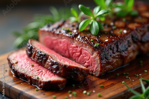 Obraz na płótnie Medium-Rare Grilled Steak with Fresh Herbs on Rustic Board w salonie