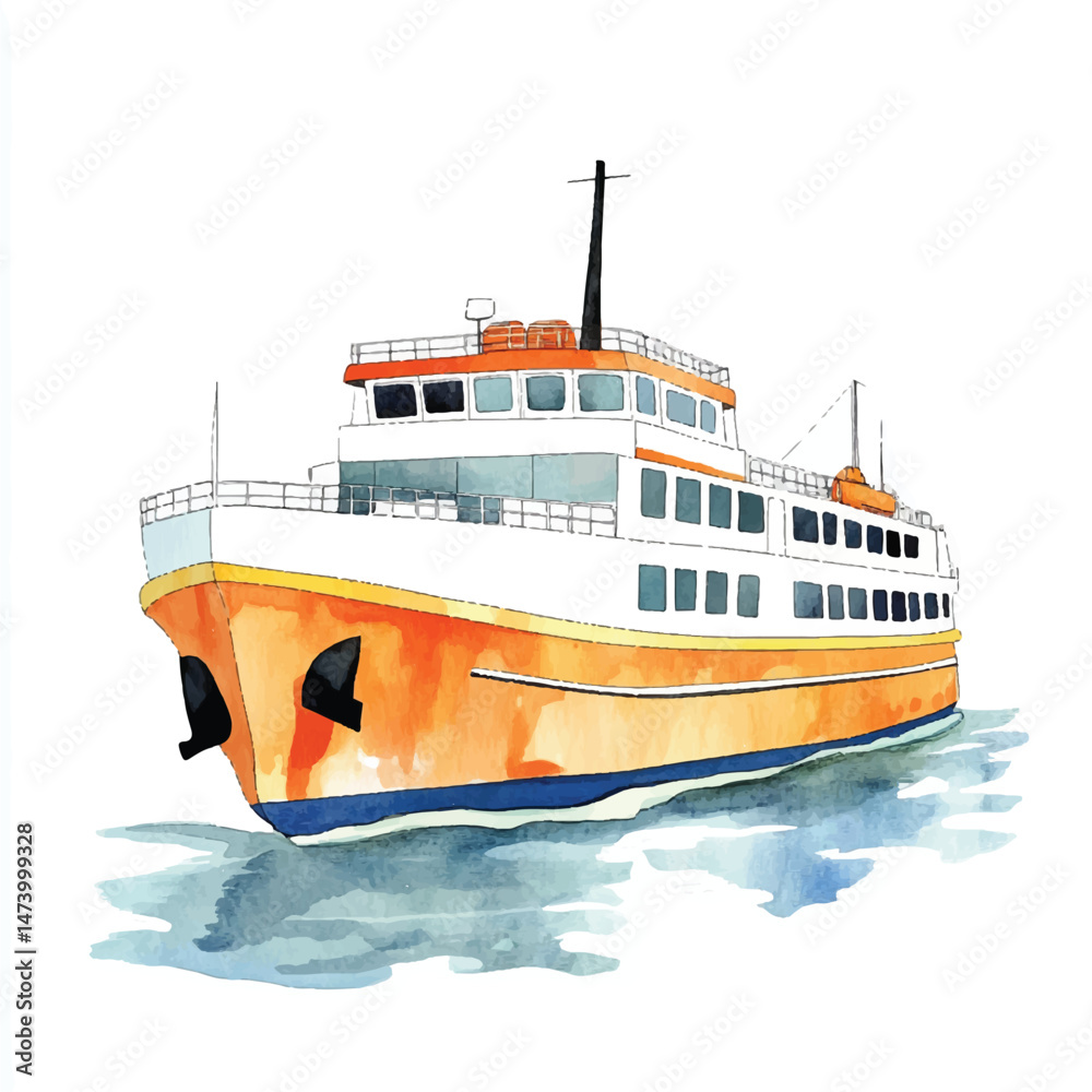 Naklejka premium A Ferry simple cartoon drawing watercolor