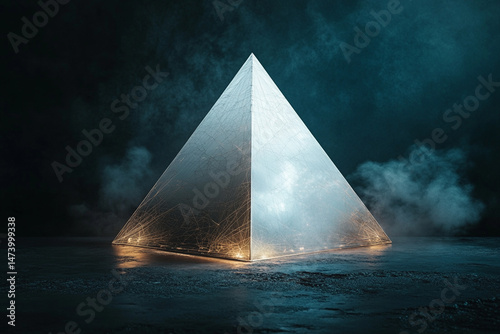 Glowing wireframe pyramid illuminates a sci-fi landscape with mystical energy at twilight