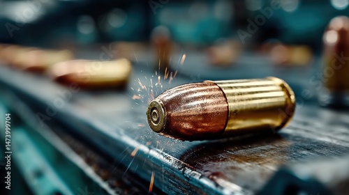 Close-Up of Ammunition Manufacturing Process Showing Brass Bullet Assembly on Industrial Production Line in a Factory Setting with High-Precision Machinery and Metallic Components