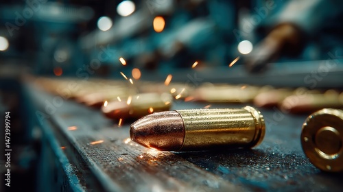 Close-Up of Ammunition Manufacturing Process Showing Brass Bullet Assembly on Industrial Production Line in a Factory Setting with High-Precision Machinery and Metallic Components