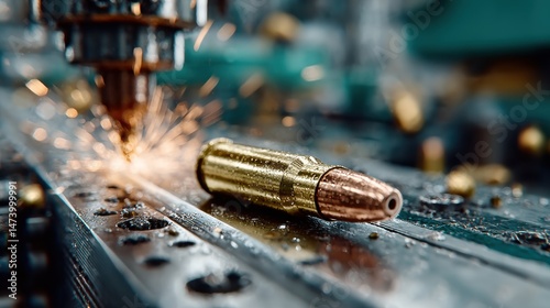 Close-Up of Ammunition Manufacturing Process Showing Brass Bullet Assembly on Industrial Production Line in a Factory Setting with High-Precision Machinery and Metallic Components