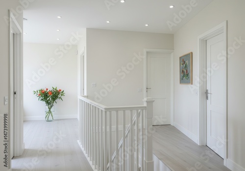 Interior view of a bright hallway with white walls and doors and a bouquet of flowers