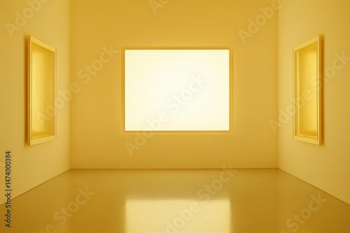 Empty yellow room with framed openings and a large window