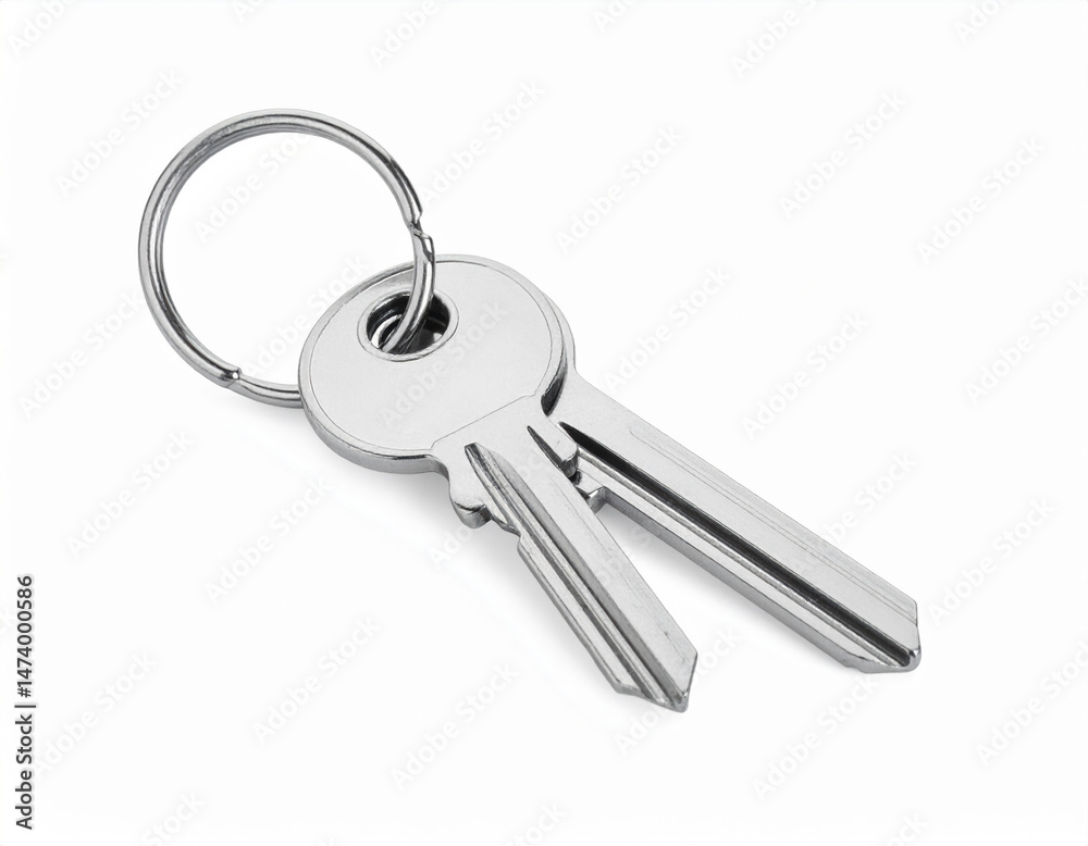 Sleek and modern set of keys rests against pure white canvas, showcasing their polished surface and high fidelity Sleek and modern set of keys rests against pure white canvas, showcasing their polished surface and high fidelity