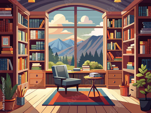 vector of Cozy home office library. Large window offers view of scenic hills, trees. Rustic wooden bookshelves with books. Comfortable armchair in room. Ideal for virtual meeting backgrounds home ..