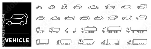 Vehicle web icons. Transport icons set. Car body types. Car, transport, vehicle, auto thin line icons. Editable stroke