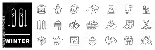 Winter cozy celebration cold weather vector outline icon set. Warm and festive elements