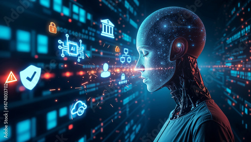 Digital Brain Interaction Representing AI and Information Security.AI-Powered Data Exchange Between Digital Humans in Cyber Space.