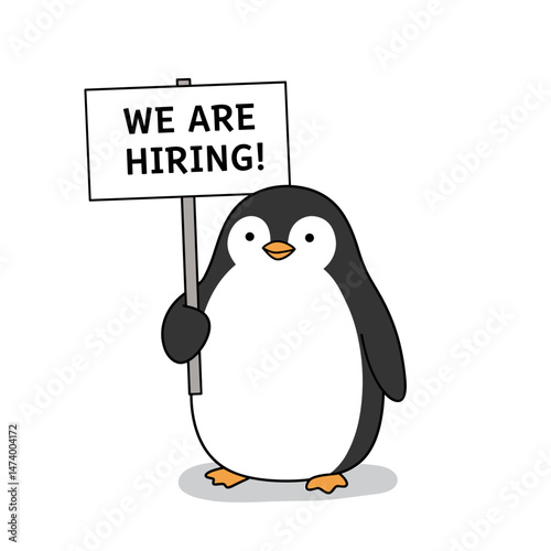 Cheerful penguin recruiter holding a "We are hiring!" sign, ideal for job recruitment and career fairs