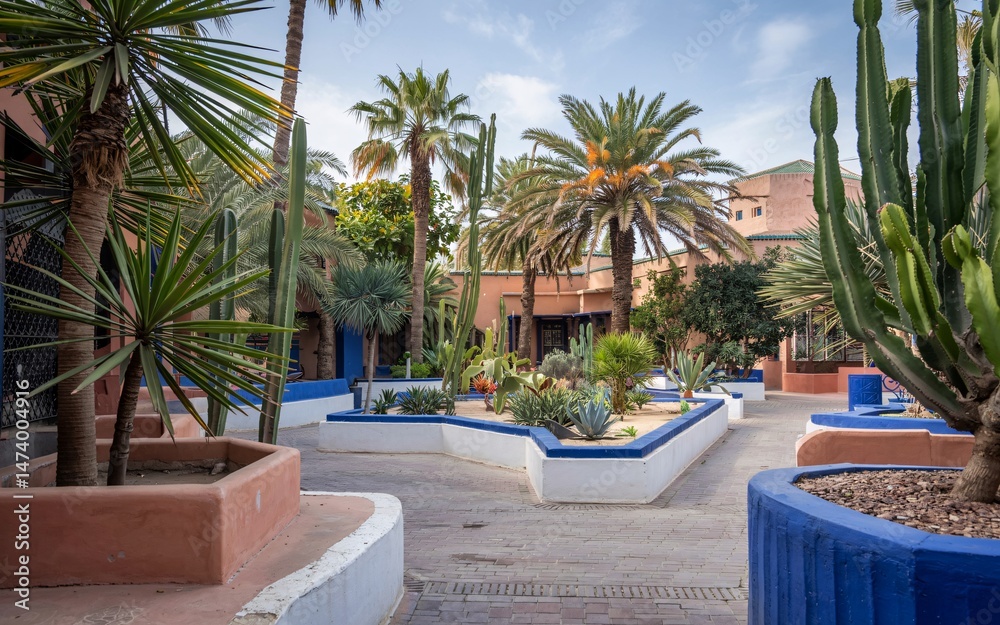 Fototapeta premium Summer Santorini, Greece, Moroccan garden courtyard with palms and cacti