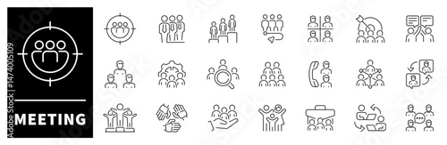 Meeting vector icons. Meeting thin line icons collection. Seminar, business, presentation, interview, conference, assembly, agreement, discussion, meeting related icons