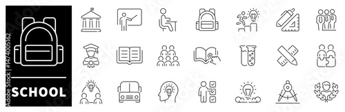 School vector icons. School thin line icons collection. Classroom, student, teacher, education, knowledge, study, lesson, school related icons