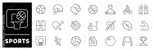 Sport vector icons. Sport thin line icons collection. Fitness, exercise, workout, training, Football, Soccer, Basketball, Tennis, Baseball, Volleyball, sport related icons