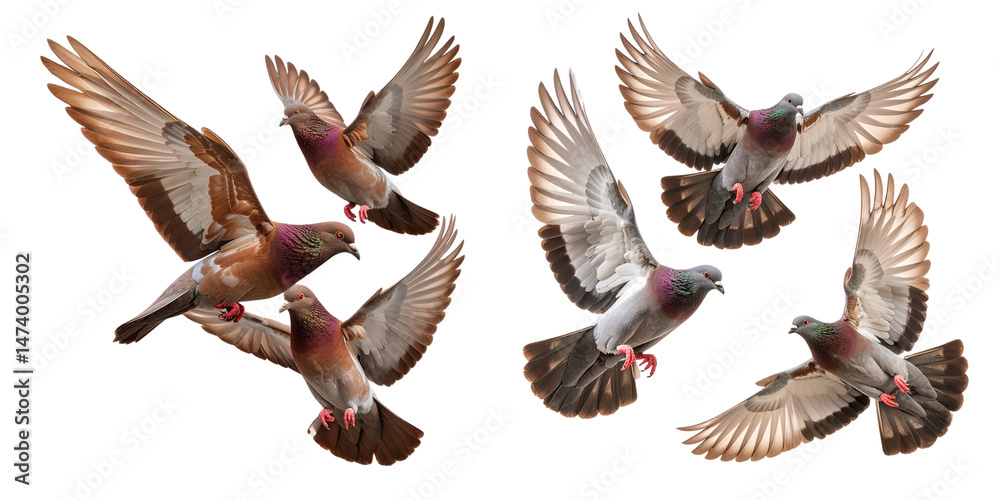 Obraz premium Three Brown Pigeons in Flight with Wings Spread, Isolated on Transparent Background PNG