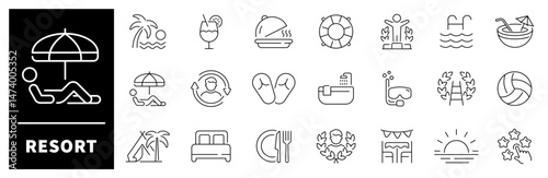 Resort vector icons. Resort thin line icons collection. Vacation, holiday, travel, resort related icons. Editable stroke vector icons