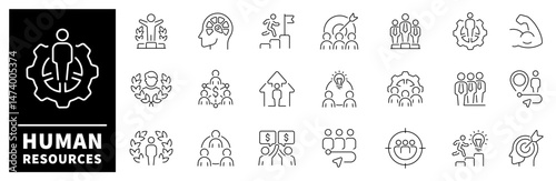 Human Resources vector icons. Human Resources thin line icons collection. Recruitment, Employment, business, office, company, management, human resources related linear icon collection
