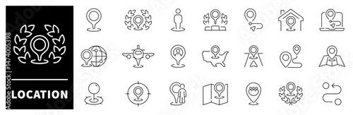Location vector icons. Location thin line icon collection.  Navigation, GPS, location, pointer, map pointer, map marker, location related icons