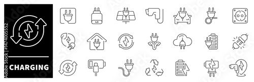 Charging icon set. Charging thin line vector icons. Charge, battery, energy, electricity, charger, recharge, charging station icons. Thin line editable stroke