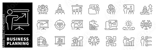 Business planning thin line icons. Business vector icon set. Strategy, teamwork, partnership, startup, finance, planning, business related icons. Editable stroke Vector icons.