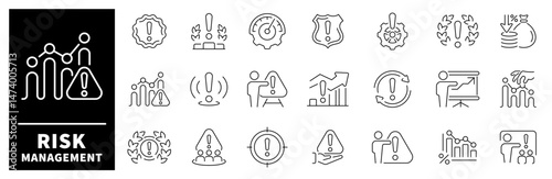 Risk management vector icons. Risk management icons set in line style. Analysis, investment, minimizing losses, plan, low cost, risk  related icons