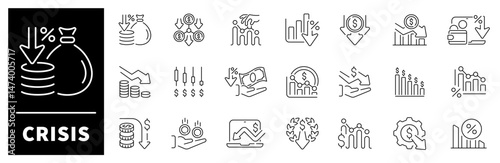 Crisis vector icons. Economic crisis thin line icons set. Decrease, layoff, job fired, pay cuts, low cost, crisis related icons