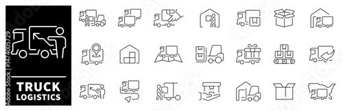 Truck logistics vector icons. Truck logistics icon set in line style. Simple Set of Truck Logistics Related Vector Icons. Delivery and shipping icons