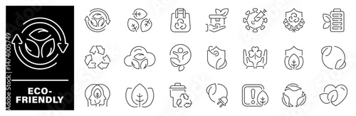 Eco friendly vector icons. Eco friendly icons set in line style. Sustainability, environment, ecological, recycling, green, organic, eco related icons