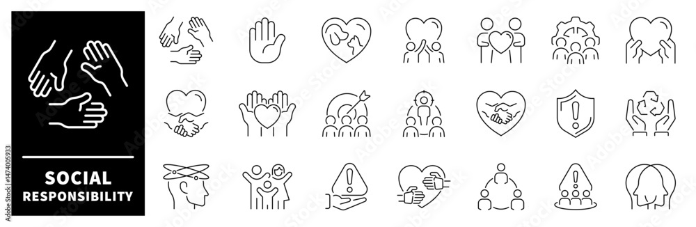 Obraz premium Set of thin line icons related to corporate social responsibility. Core values, impact, trust, support, care, social response